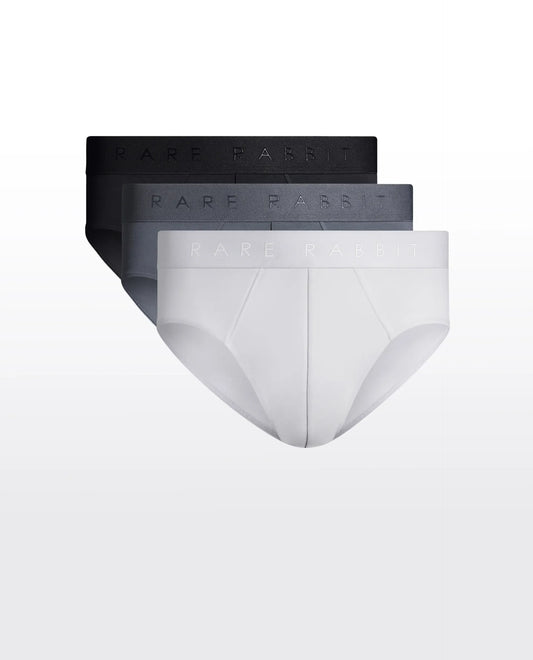 Rare Rabbit Men Near Black/White/Grey Soft Cotton Stretch Briefs (Pack Of 3)