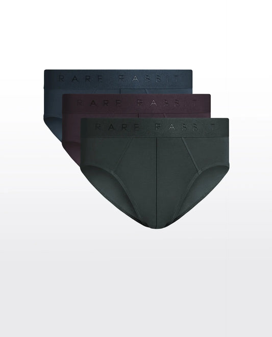 Rare Rabbit Men Near Olive/Prune/Teal Soft Cotton Stretch Briefs (Pack Of 3)