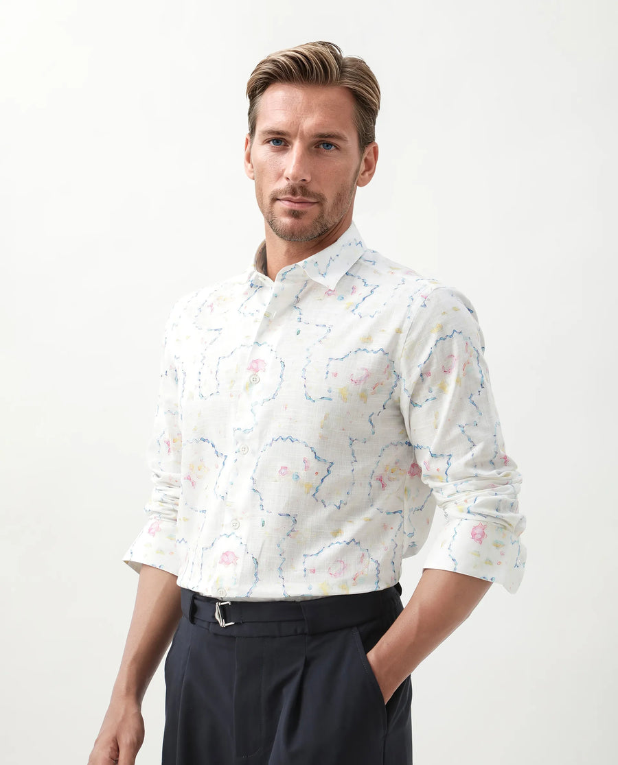 Rare Rabbit Men's Nede White Cotton Abstract Print Relaxed Fit Full Sleeve Collared Shirt