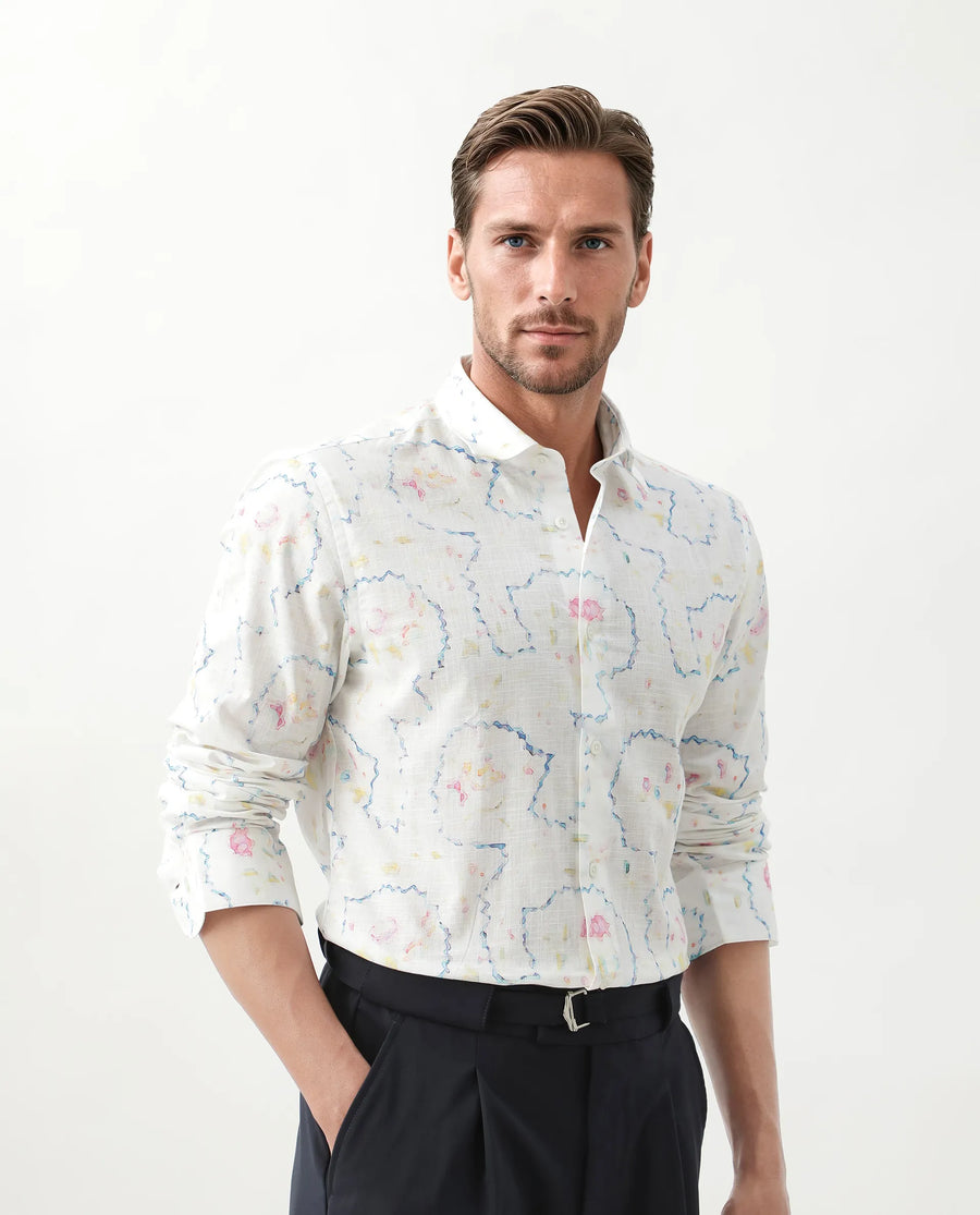 Rare Rabbit Men's Nede White Cotton Abstract Print Relaxed Fit Full Sleeve Collared Shirt