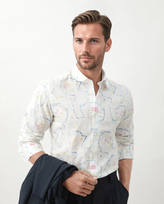 Rare Rabbit Men's Nede White Cotton Abstract Print Relaxed Fit Full Sleeve Collared Shirt