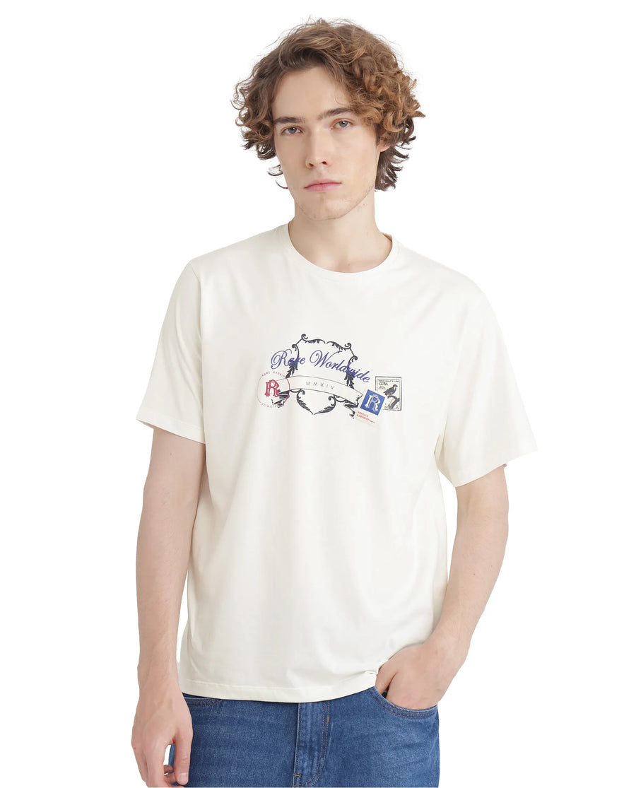 Rare Rabbit Men's Neko Off White Cotton Blend Graphic Print Regular Fit Half Sleeve Crew Neck T-Shirt