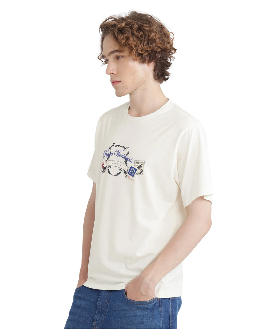 Rare Rabbit Men's Neko Off White Cotton Blend Graphic Print Regular Fit Half Sleeve Crew Neck T-Shirt