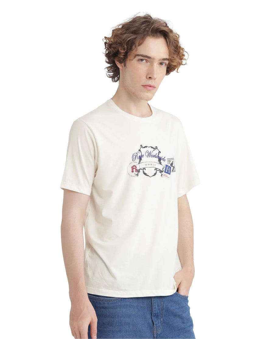 Rare Rabbit Men's Neko Off White Cotton Blend Graphic Print Regular Fit Half Sleeve Crew Neck T-Shirt