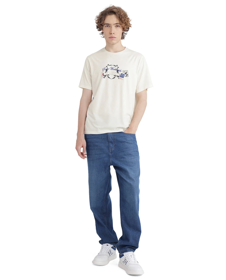 Rare Rabbit Men's Neko Off White Cotton Blend Graphic Print Regular Fit Half Sleeve Crew Neck T-Shirt
