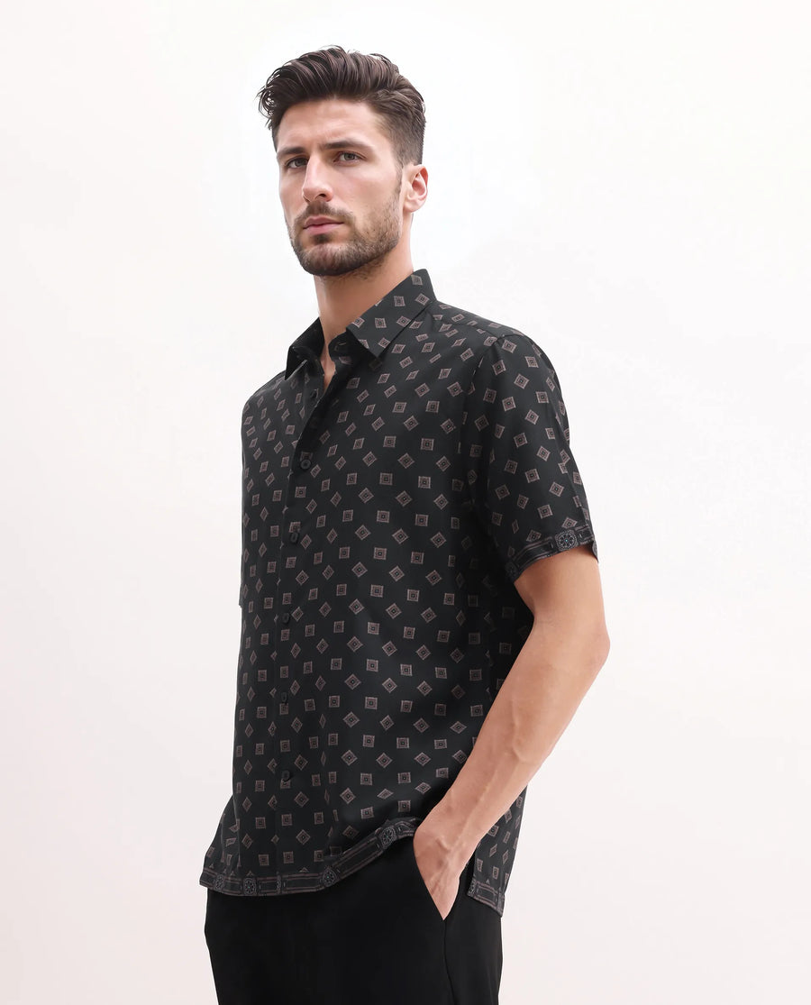 Rare Rabbit Men's Nelo Dusky Brown Viscose Geometric Print Regular Fit Half Sleeve Collared Shirt
