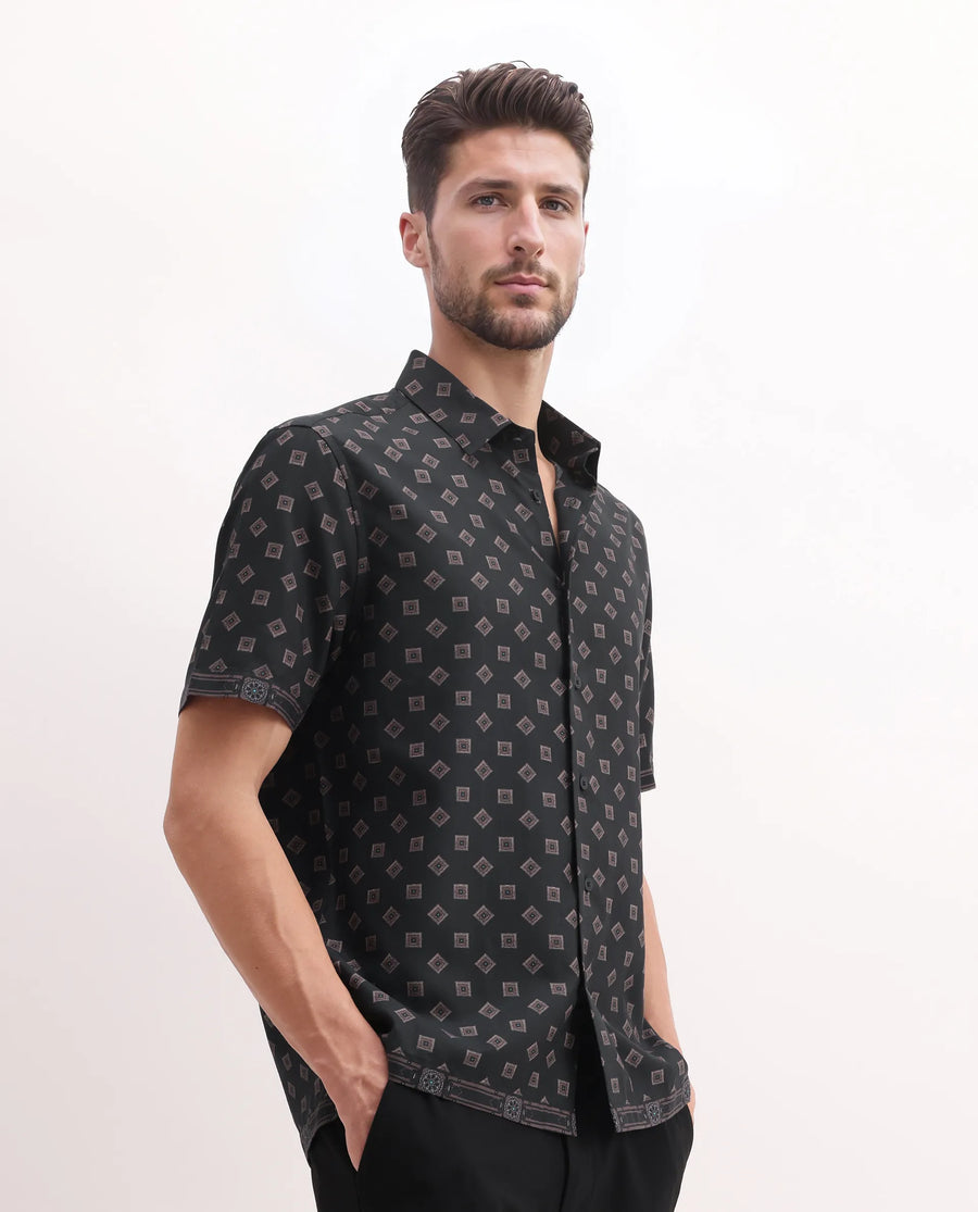 Rare Rabbit Men's Nelo Dusky Brown Viscose Geometric Print Regular Fit Half Sleeve Collared Shirt