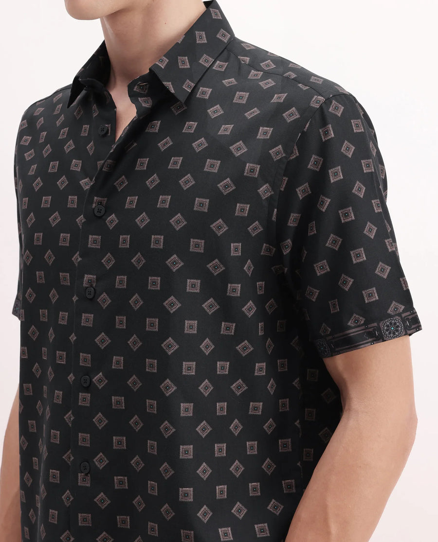 Rare Rabbit Men's Nelo Dusky Brown Viscose Geometric Print Regular Fit Half Sleeve Collared Shirt
