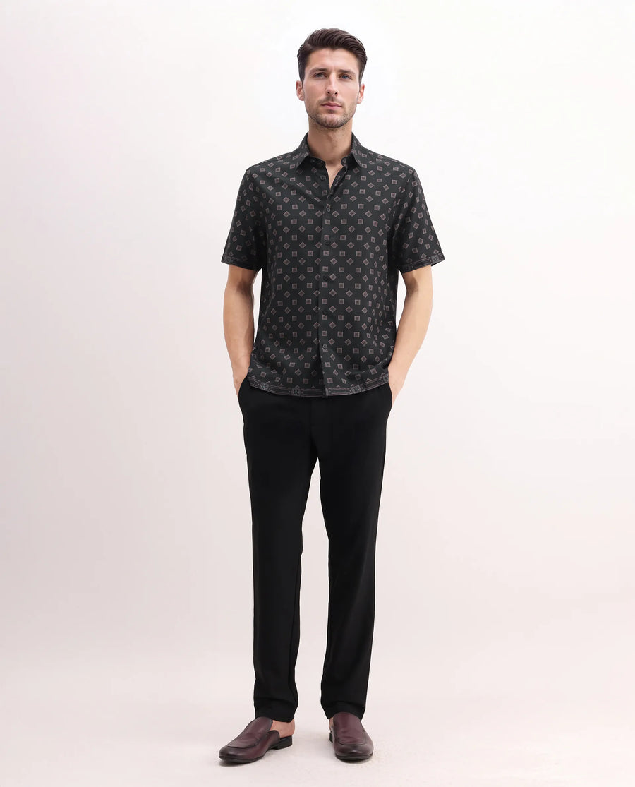 Rare Rabbit Men's Nelo Dusky Brown Viscose Geometric Print Regular Fit Half Sleeve Collared Shirt