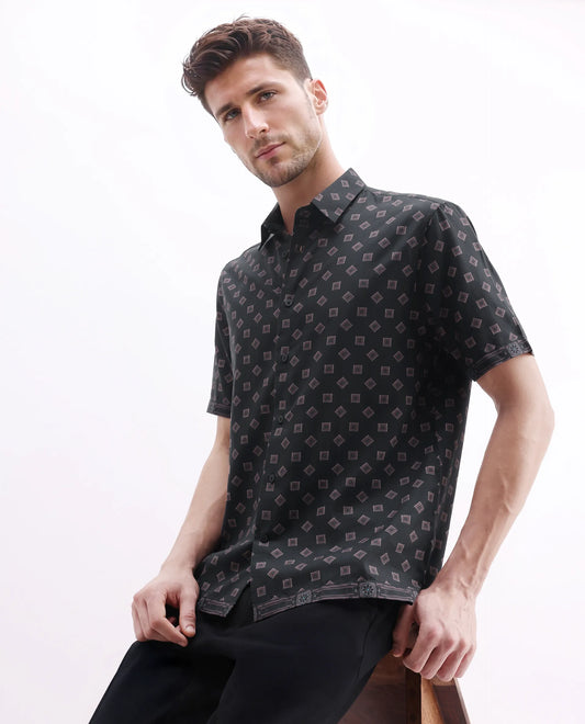 Rare Rabbit Men's Nelo Dusky Brown Viscose Geometric Print Regular Fit Half Sleeve Collared Shirt