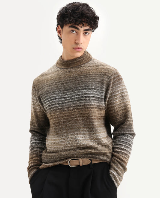 Rare Rabbit Men's Nemo Light Beige Acrylic Color Block Regular Fit Full Sleeve Crew Neck Sweater