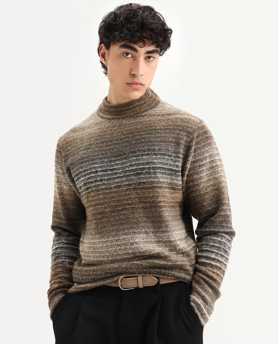 Rare Rabbit Men's Nemo Light Beige Acrylic Color Block Regular Fit Full Sleeve Crew Neck Sweater