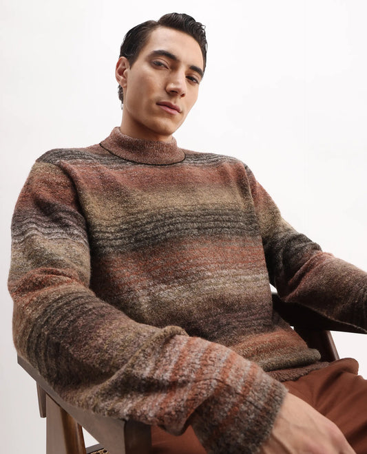 Rare Rabbit Men's Nemo Light Brown Acrylic Color Block Regular Fit Full Sleeve Crew Neck Sweater