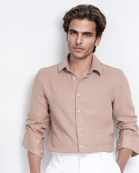 Rare Rabbit Men's Nert Dark Beige Cotton Plain Relaxed Fit Full Sleeve Collared Shirt