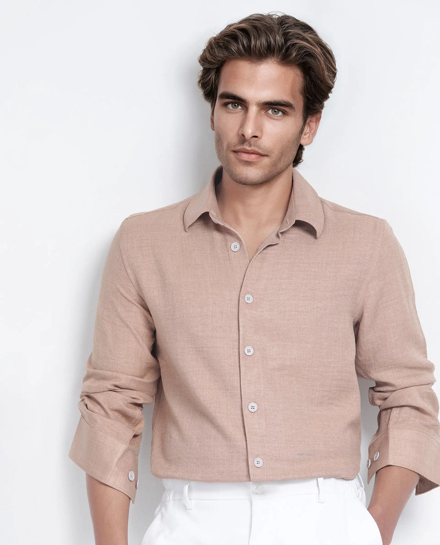 Rare Rabbit Men's Nert Dark Beige Cotton Plain Relaxed Fit Full Sleeve Collared Shirt