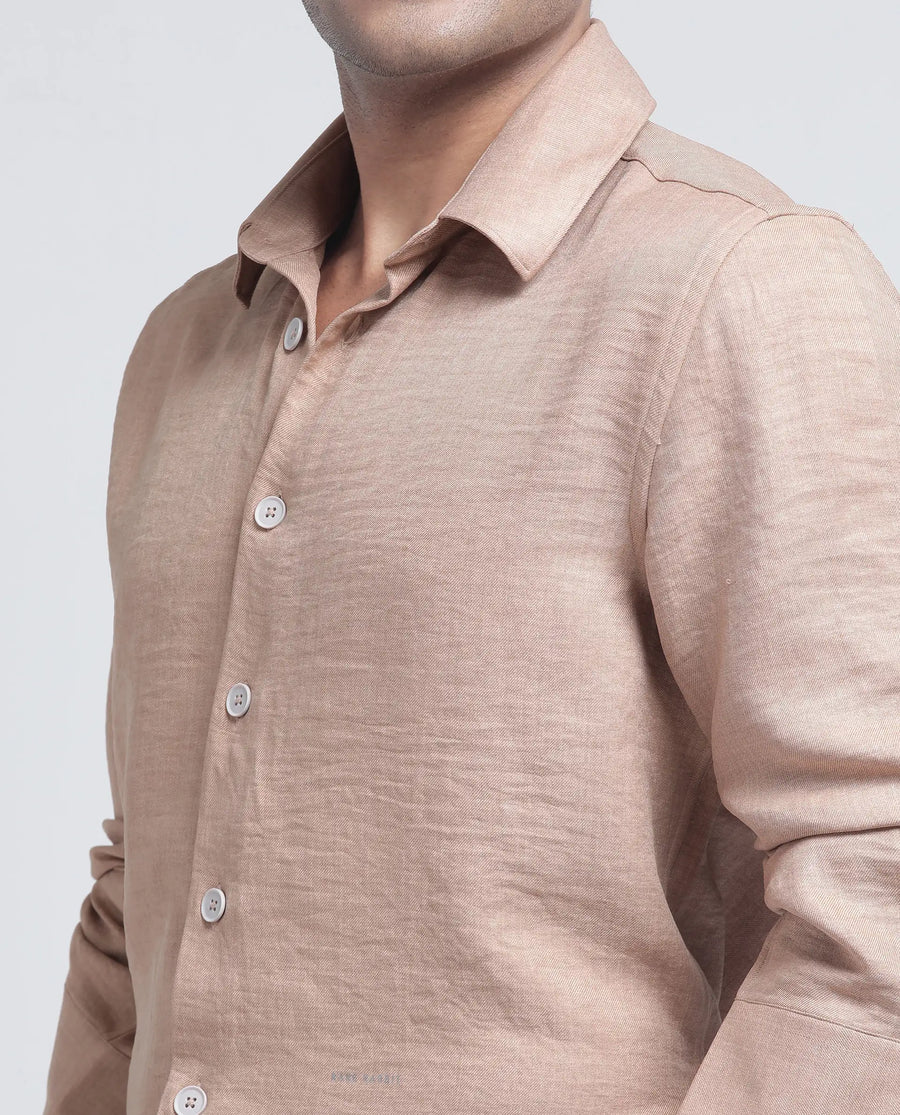Rare Rabbit Men's Nert Dark Beige Cotton Plain Relaxed Fit Full Sleeve Collared Shirt