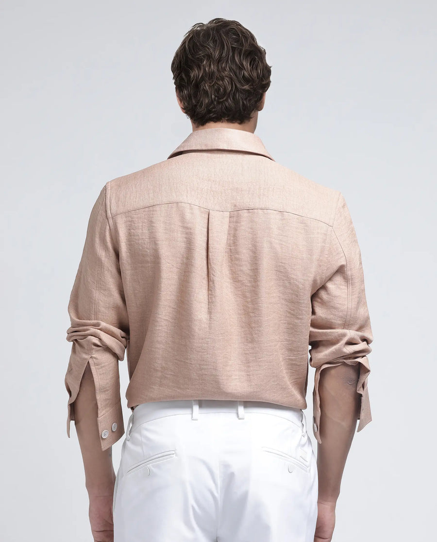 Rare Rabbit Men's Nert Dark Beige Cotton Plain Relaxed Fit Full Sleeve Collared Shirt
