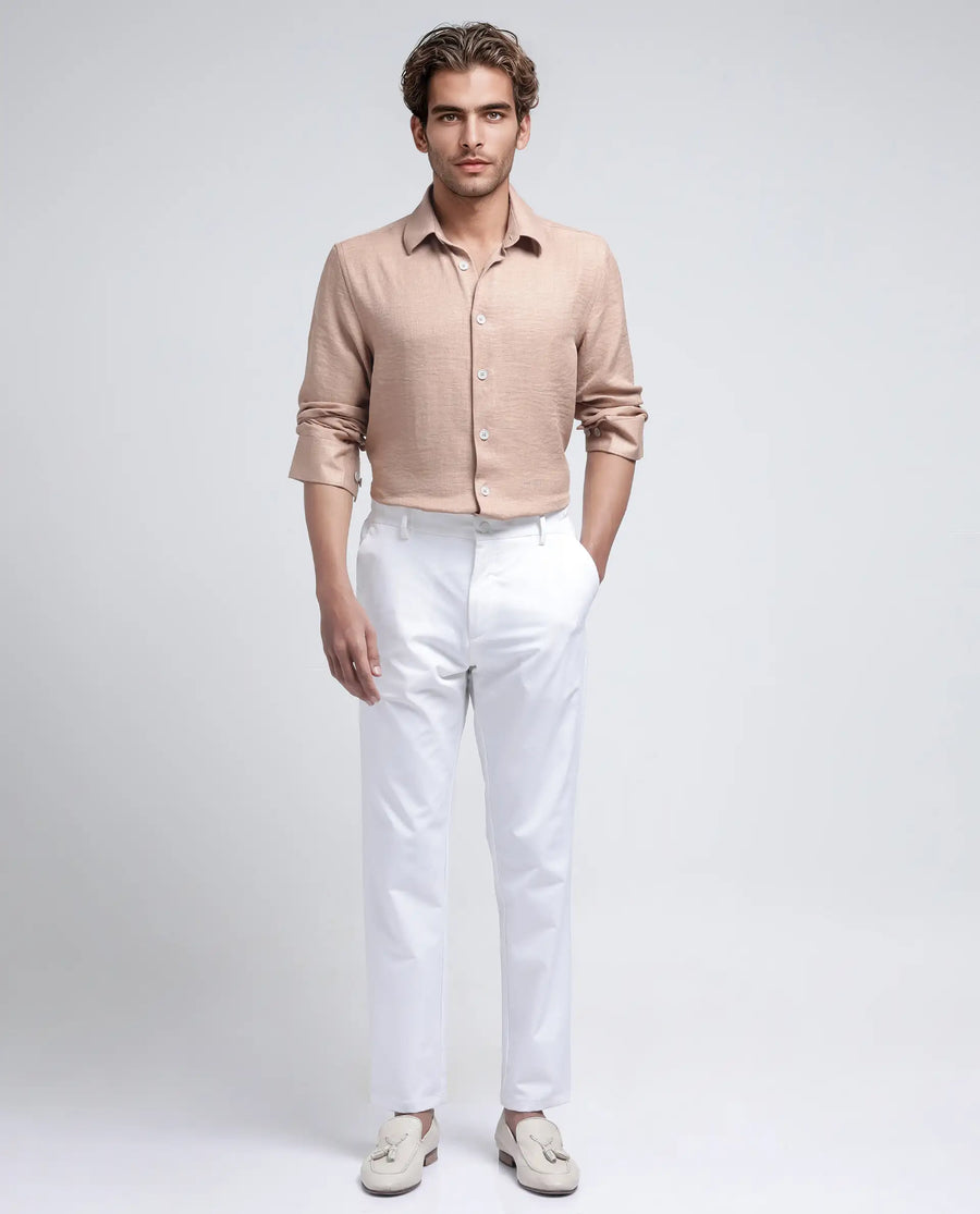 Rare Rabbit Men's Nert Dark Beige Cotton Plain Relaxed Fit Full Sleeve Collared Shirt