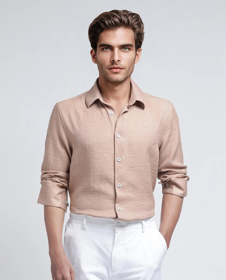 Rare Rabbit Men's Nert Dark Beige Cotton Plain Relaxed Fit Full Sleeve Collared Shirt