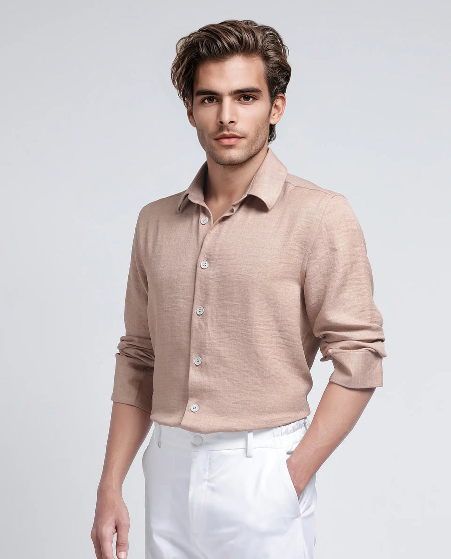 Rare Rabbit Men's Nert Dark Beige Cotton Plain Relaxed Fit Full Sleeve Collared Shirt