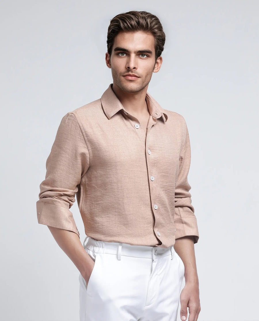 Rare Rabbit Men's Nert Dark Beige Cotton Plain Relaxed Fit Full Sleeve Collared Shirt