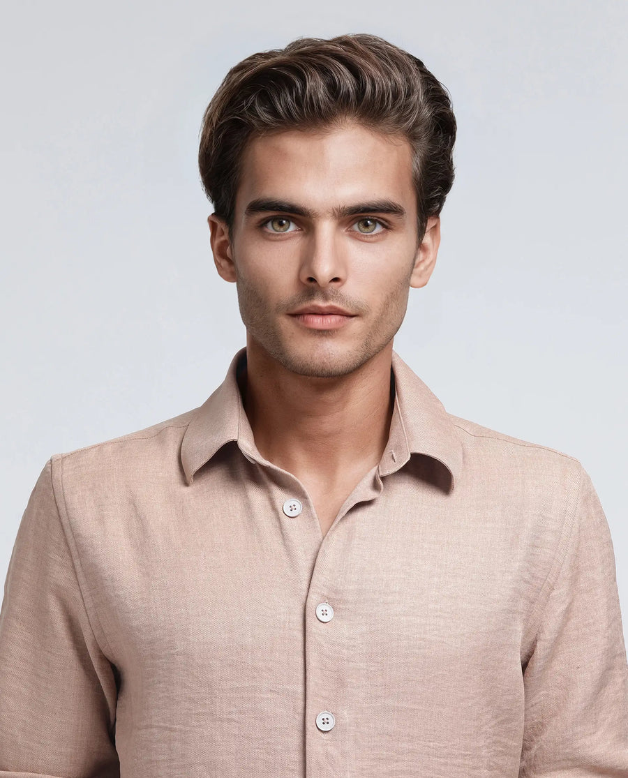 Rare Rabbit Men's Nert Dark Beige Cotton Plain Relaxed Fit Full Sleeve Collared Shirt
