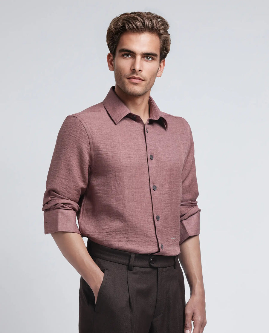 Rare Rabbit Men's Nert Dark Peach Cotton Plain Relaxed Fit Full Sleeve Collared Shirt