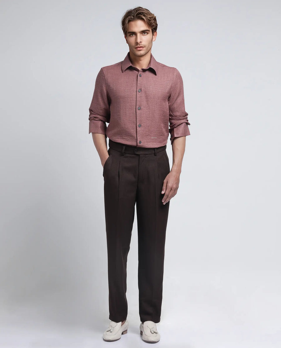 Rare Rabbit Men's Nert Dark Peach Cotton Plain Relaxed Fit Full Sleeve Collared Shirt