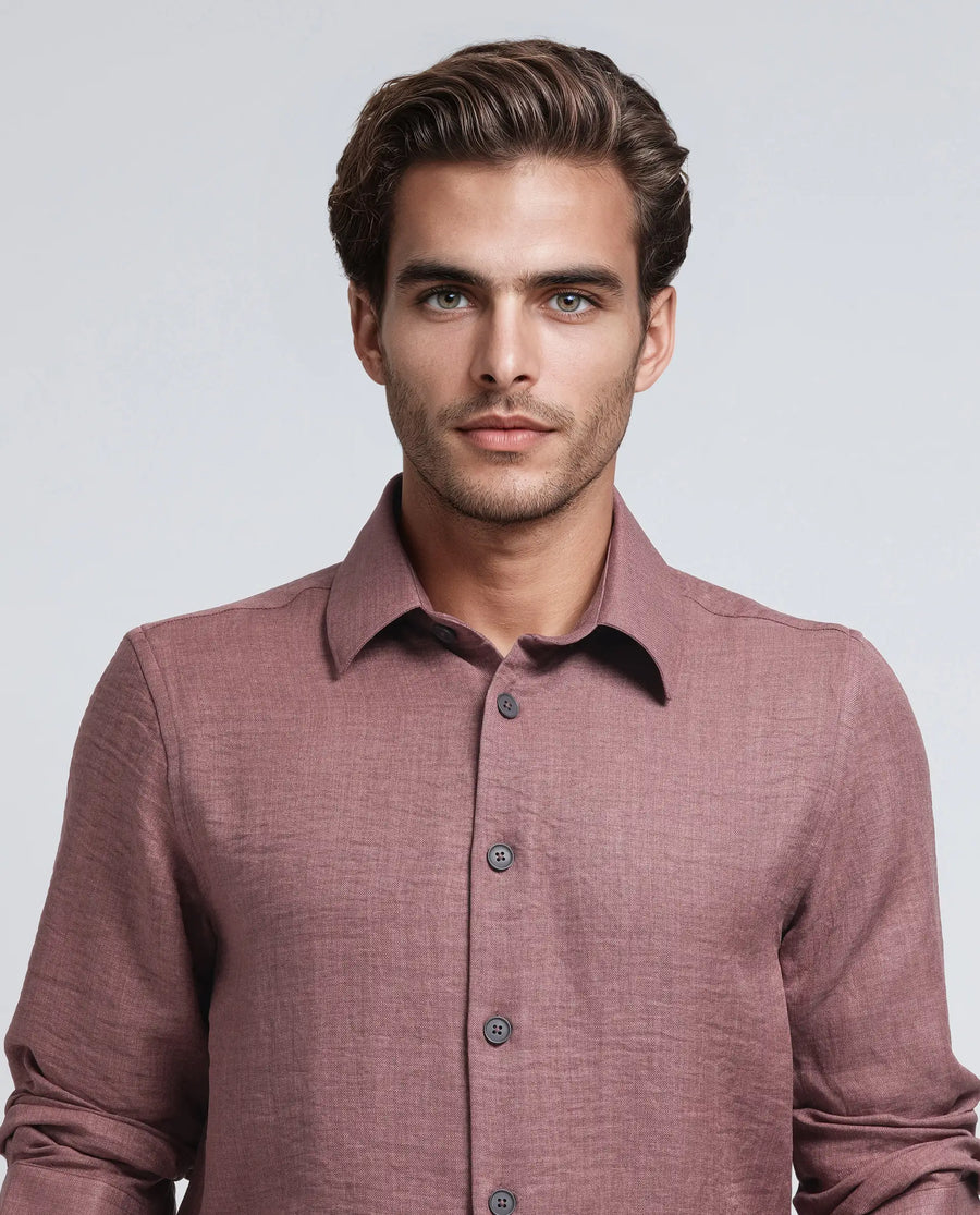 Rare Rabbit Men's Nert Dark Peach Cotton Plain Relaxed Fit Full Sleeve Collared Shirt