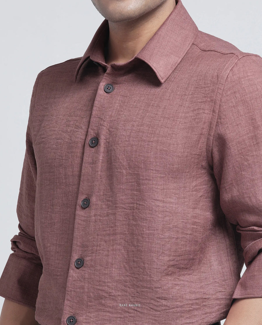Rare Rabbit Men's Nert Dark Peach Cotton Plain Relaxed Fit Full Sleeve Collared Shirt
