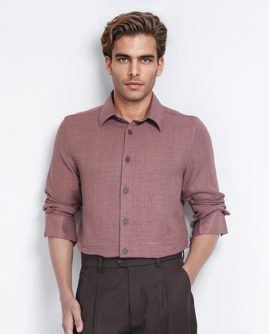 Rare Rabbit Men's Nert Dark Peach Cotton Plain Relaxed Fit Full Sleeve Collared Shirt