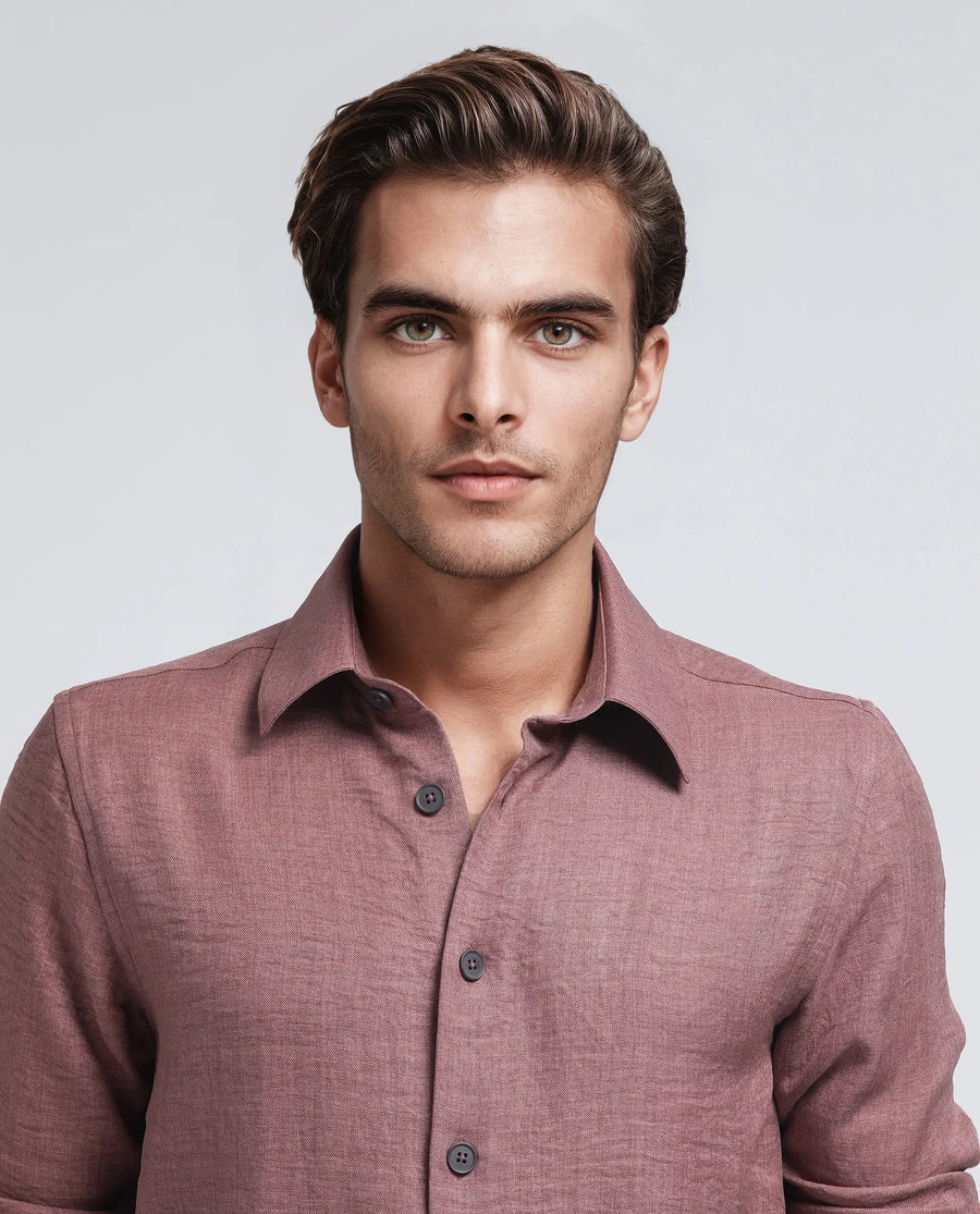 Rare Rabbit Men's Nert Dark Peach Cotton Plain Relaxed Fit Full Sleeve Collared Shirt