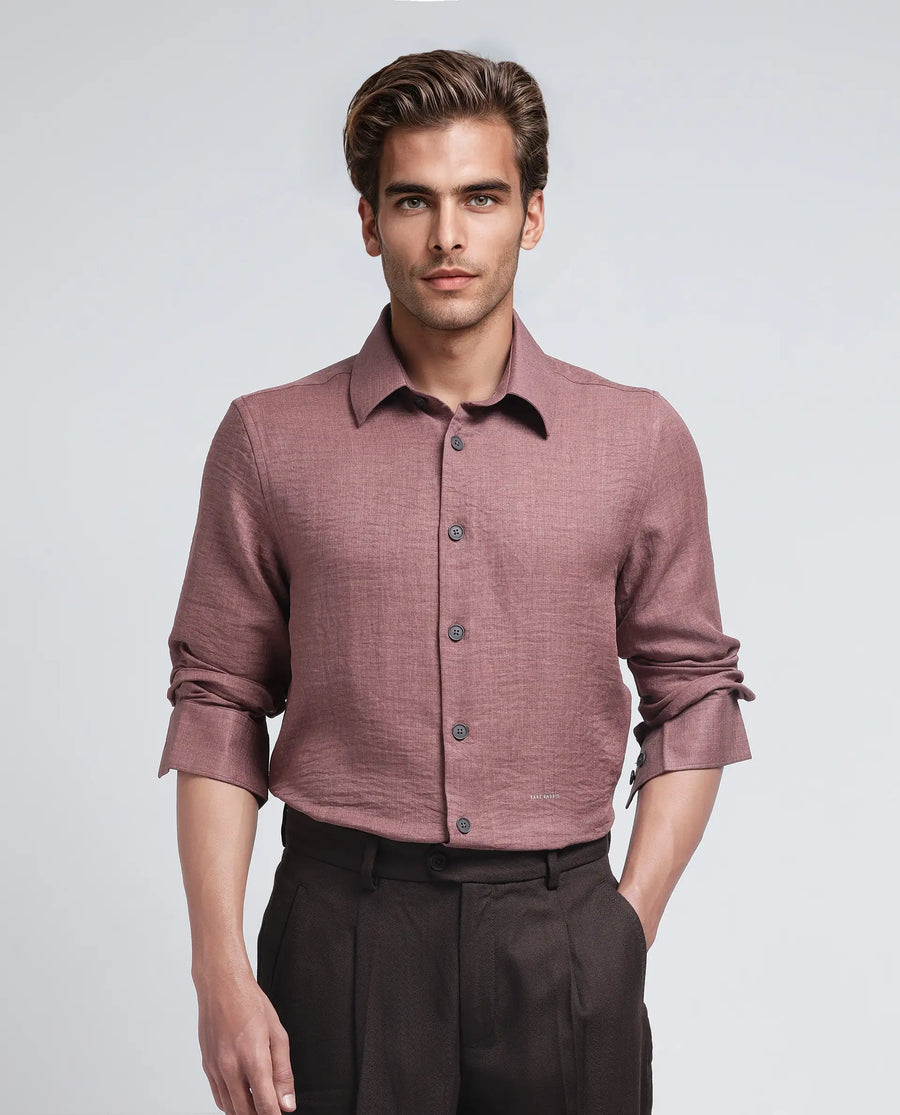 Rare Rabbit Men's Nert Dark Peach Cotton Plain Relaxed Fit Full Sleeve Collared Shirt