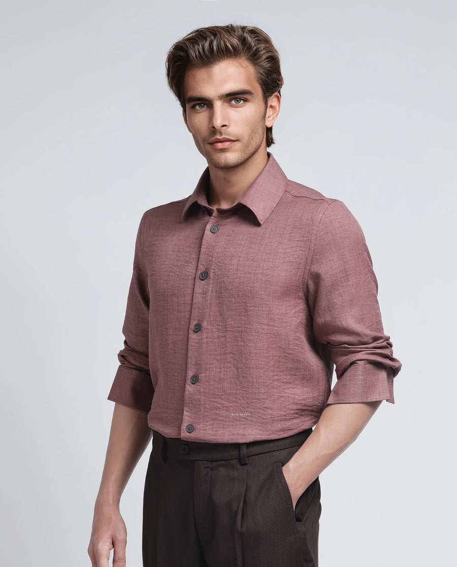 Rare Rabbit Men's Nert Dark Peach Cotton Plain Relaxed Fit Full Sleeve Collared Shirt