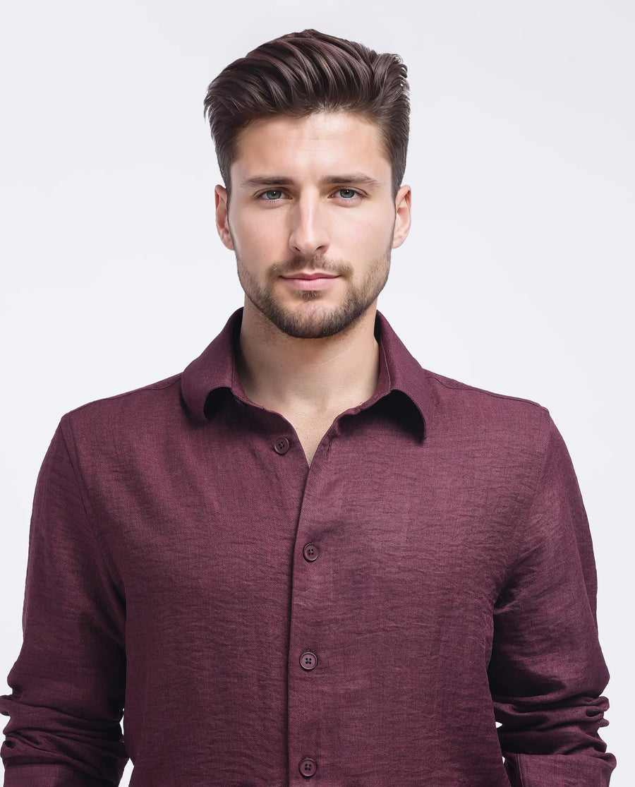 Rare Rabbit Men's Nert Maroon Cotton Plain Relaxed Fit Full Sleeve Collared Shirt