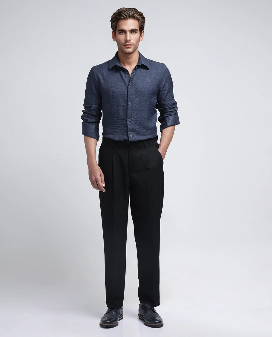Rare Rabbit Men's Nert Navy Cotton Plain Relaxed Fit Full Sleeve Collared Shirt