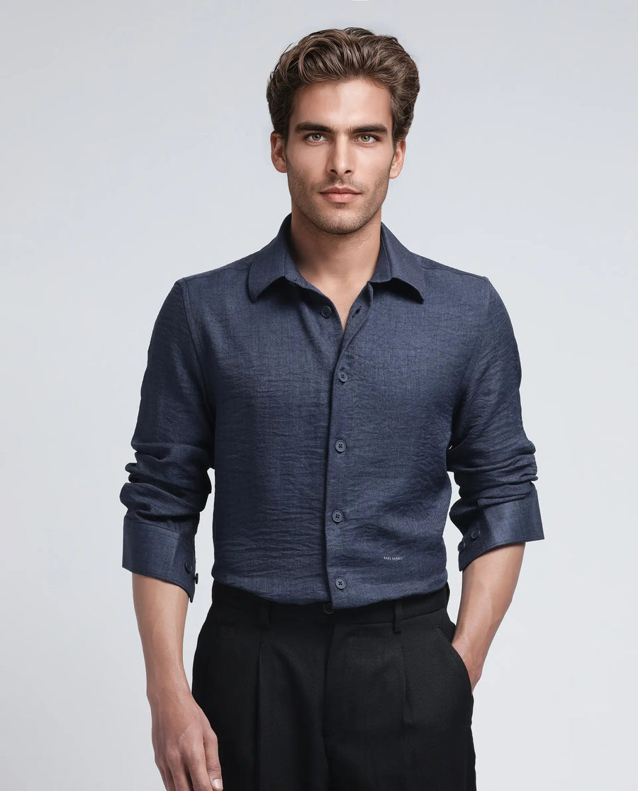 Rare Rabbit Men's Nert Navy Cotton Plain Relaxed Fit Full Sleeve Collared Shirt