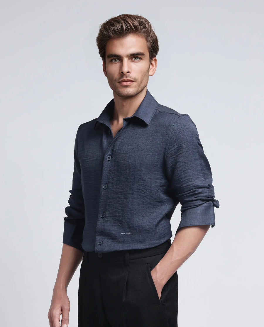 Rare Rabbit Men's Nert Navy Cotton Plain Relaxed Fit Full Sleeve Collared Shirt