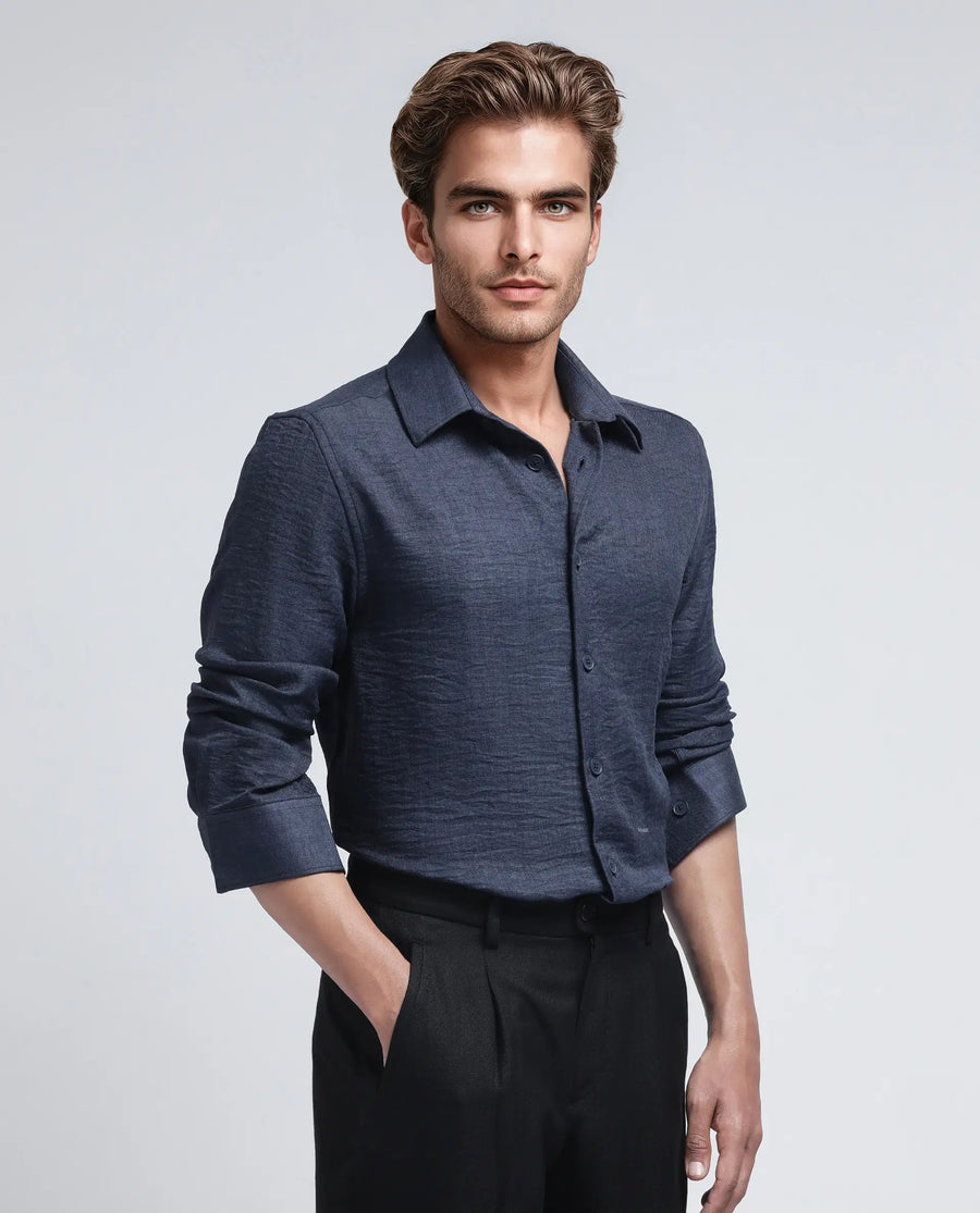 Rare Rabbit Men's Nert Navy Cotton Plain Relaxed Fit Full Sleeve Collared Shirt