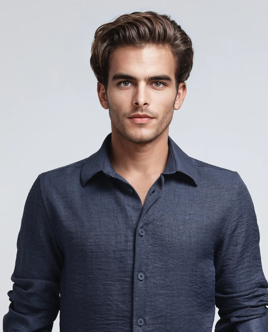Rare Rabbit Men's Nert Navy Cotton Plain Relaxed Fit Full Sleeve Collared Shirt