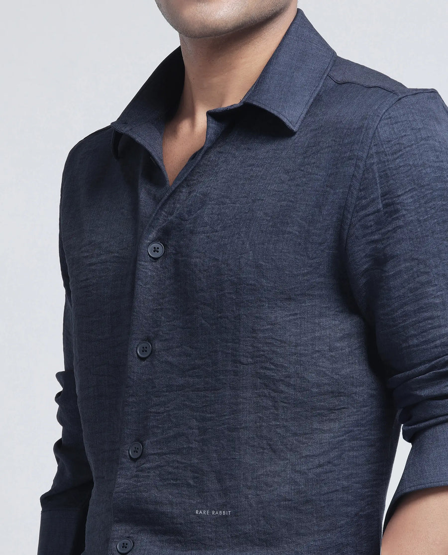 Rare Rabbit Men's Nert Navy Cotton Plain Relaxed Fit Full Sleeve Collared Shirt