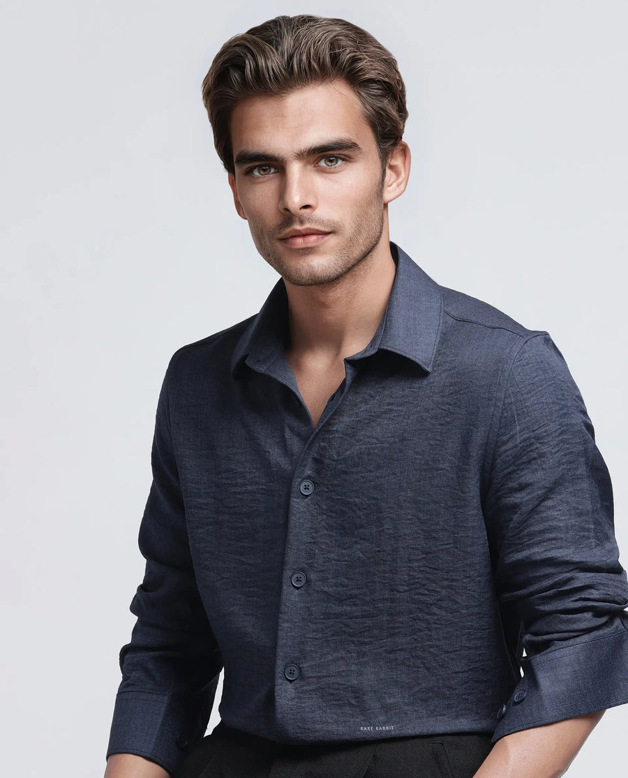 Rare Rabbit Men's Nert Navy Cotton Plain Relaxed Fit Full Sleeve Collared Shirt