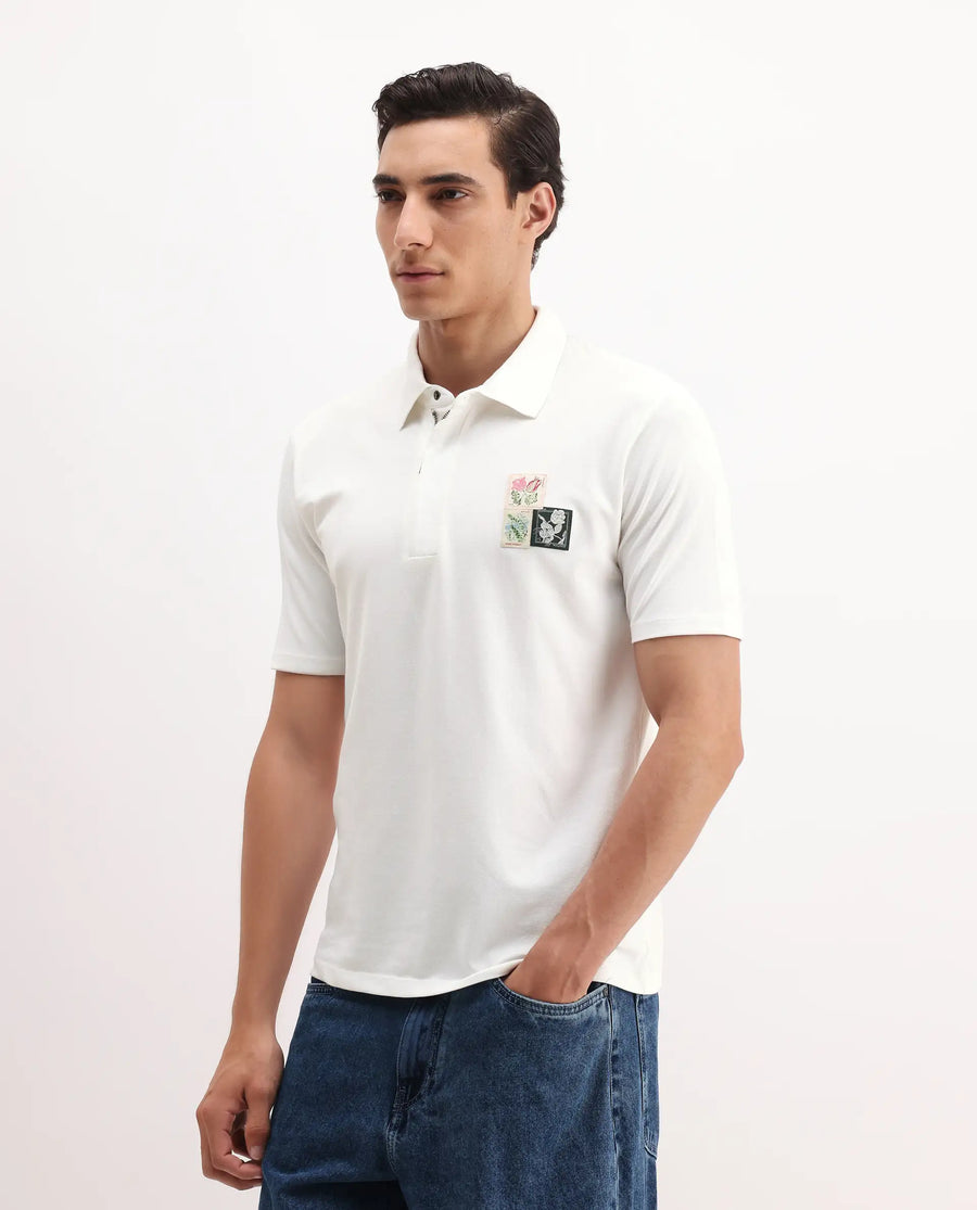 Rare Rabbit Men's Nesco White Cotton Plain Regular Fit Half Sleeve Polo