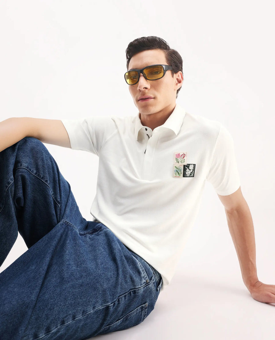 Rare Rabbit Men's Nesco White Cotton Plain Regular Fit Half Sleeve Polo
