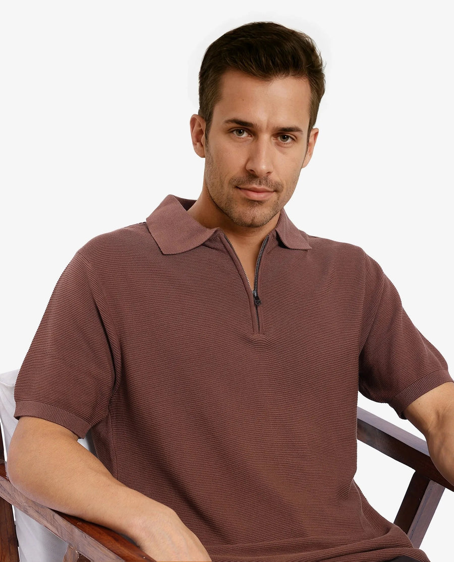 Rare Rabbit Men's Nett Brown Cotton Plain Regular Fit Half Sleeve Polo