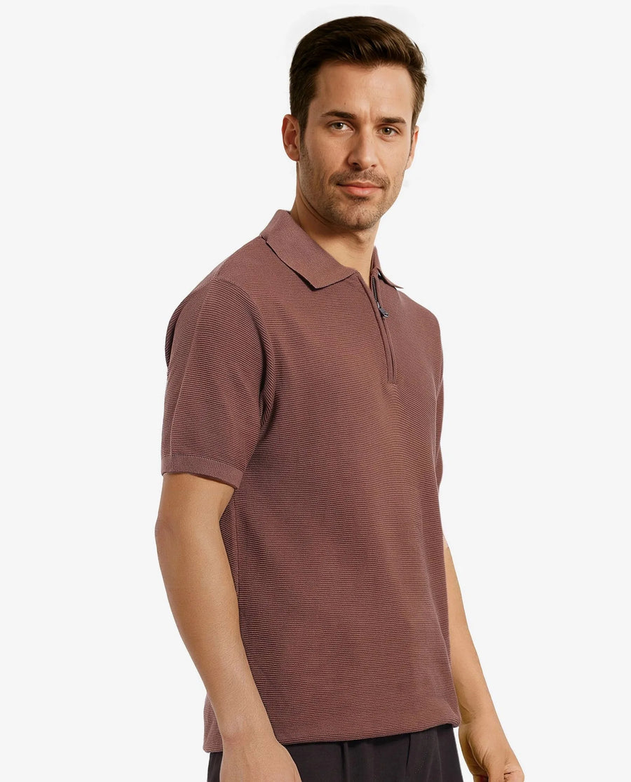 Rare Rabbit Men's Nett Brown Cotton Plain Regular Fit Half Sleeve Polo