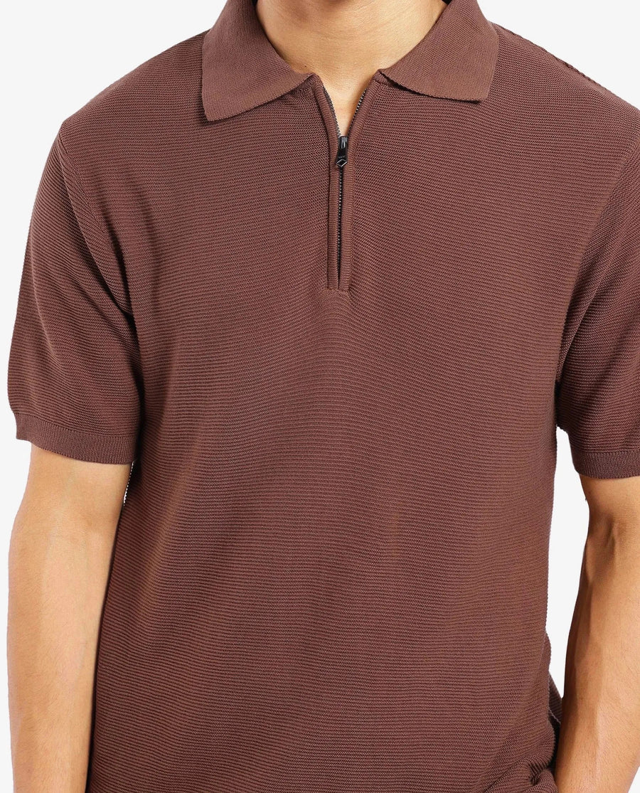 Rare Rabbit Men's Nett Brown Cotton Plain Regular Fit Half Sleeve Polo