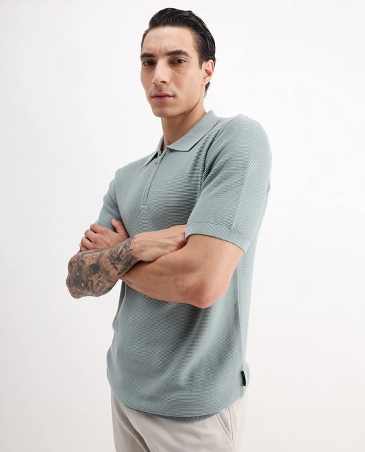 Rare Rabbit Men's Nett Dusky Green Cotton Plain Regular Fit Half Sleeve Polo