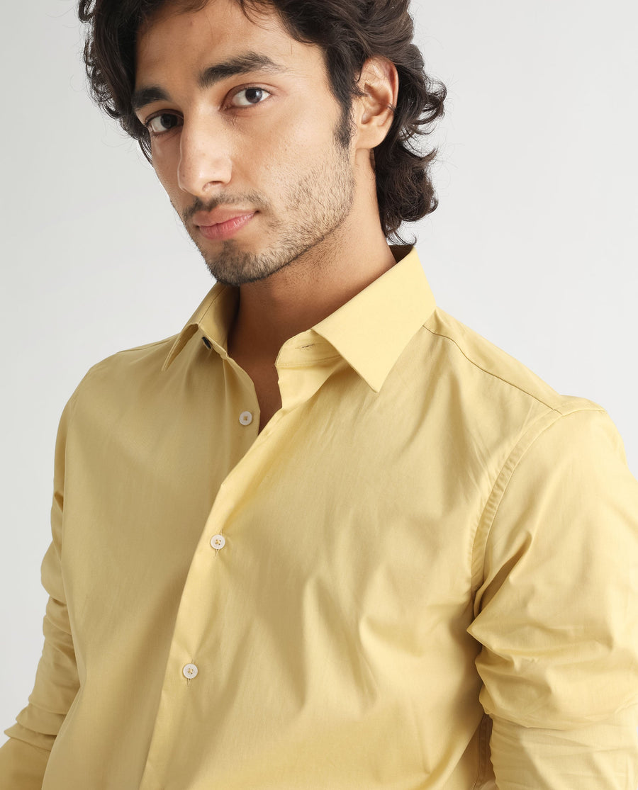 Rare Rabbit Men's Neutons Light Yellow Cotton Plain Regular Fit Full Sleeve Collared Shirt