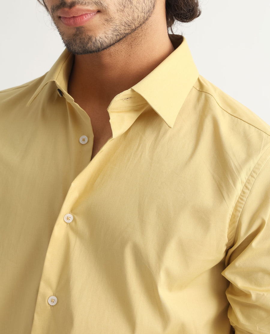 Rare Rabbit Men's Neutons Light Yellow Cotton Plain Regular Fit Full Sleeve Collared Shirt
